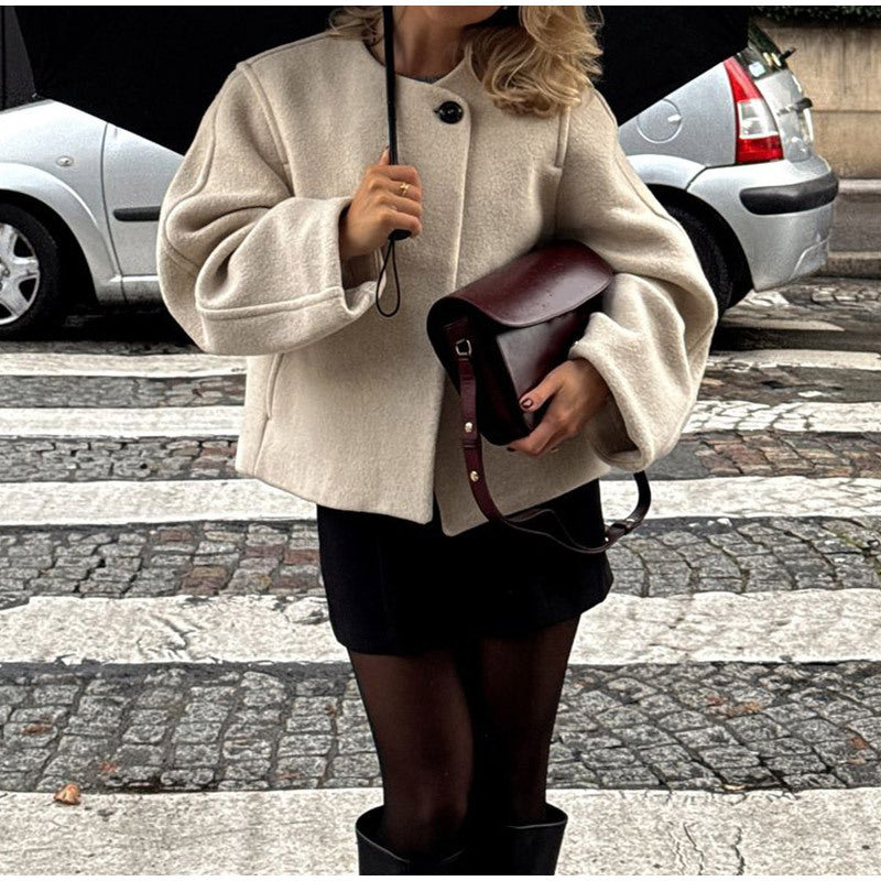Manteau court en laine à col rond pour femme