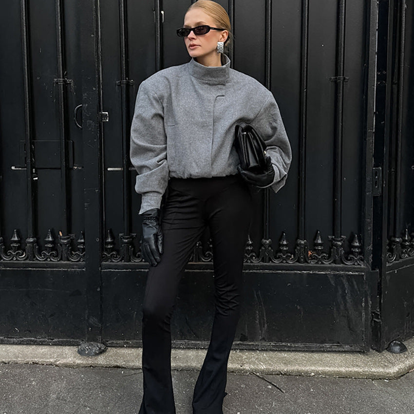 Manteau gris à col montant en laine