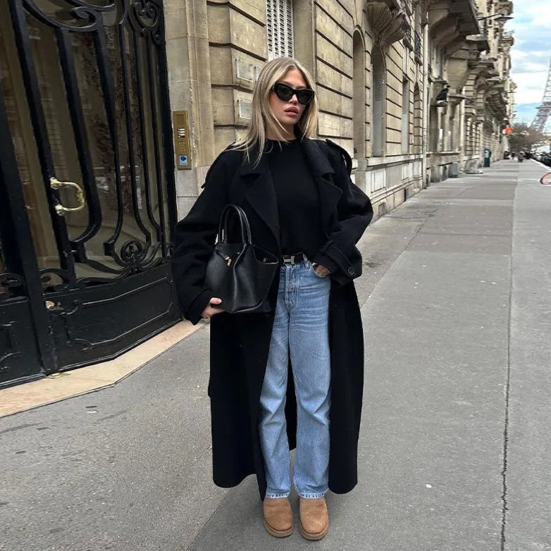 Manteau Long en Laine Noire avec Ceinture