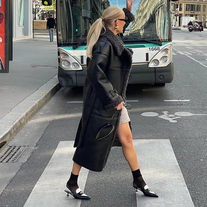 Manteau chaud en fourrure à col carré