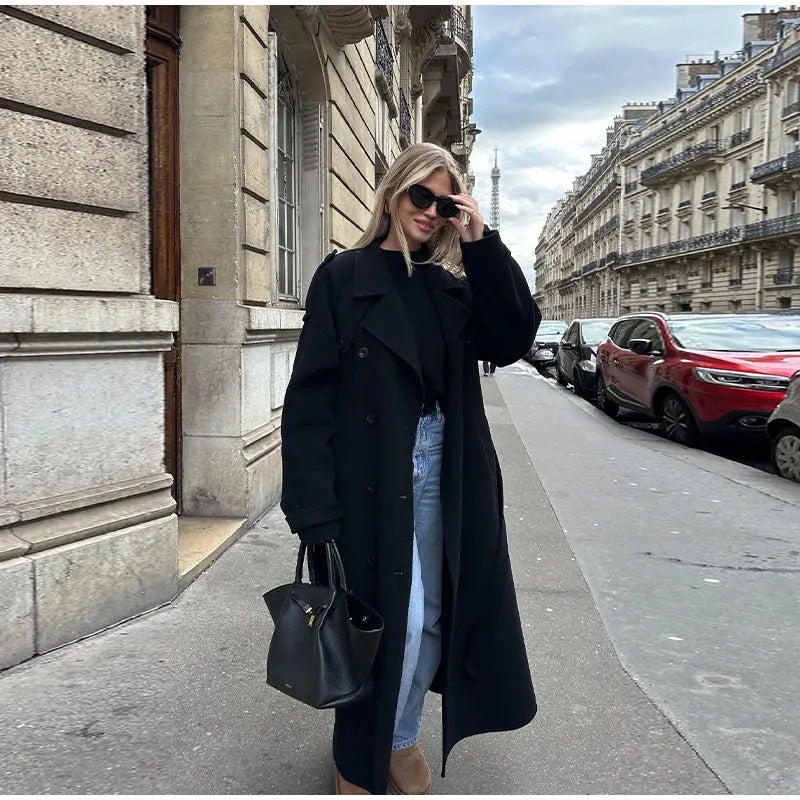 Manteau Long en Laine Noire avec Ceinture