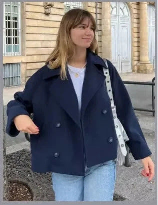 Manteau court en laine à double boutonnage pour femme